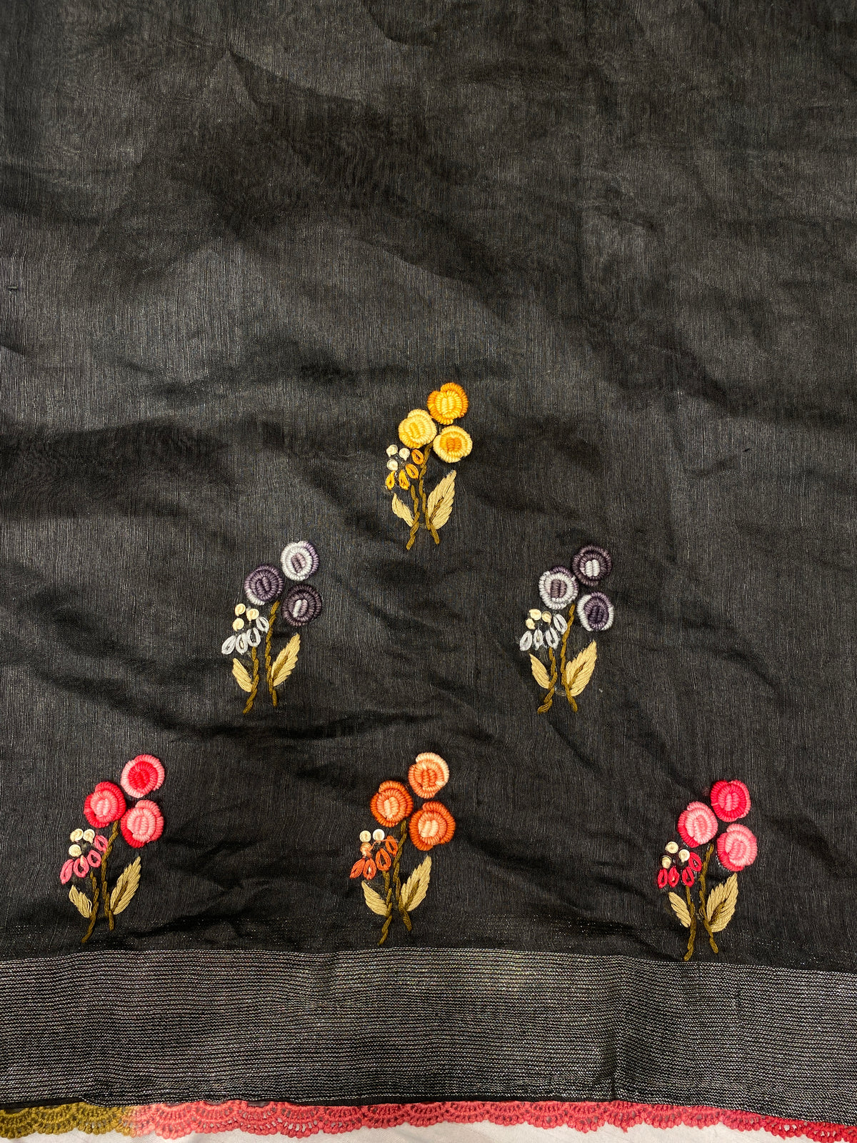 Black Linen Silk Saree Hand Embroidered Work, With Unstiched Blouse