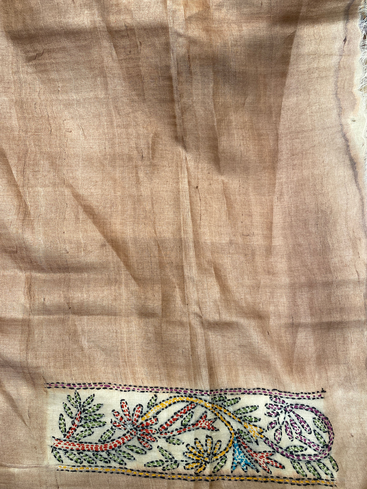 Off-White Tussar Hand Print Kantha Work Border Saree, With Unstitched Blouse