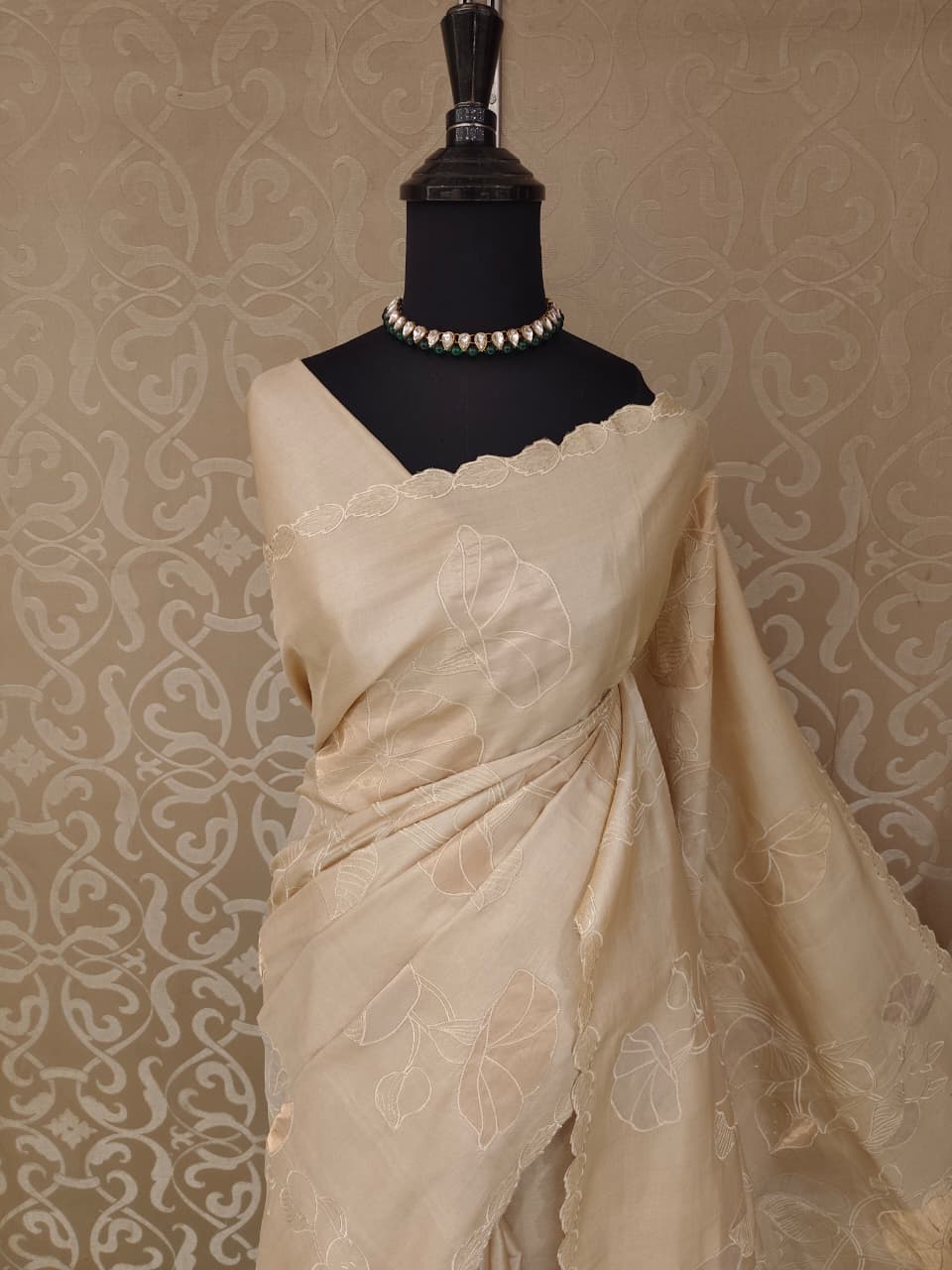 Beige Tussar Applique Work Saree, With Unstiched Blouse