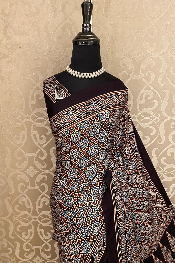 Black Pure Modal Silk Ajrakh Printed Saree With Unstiched Blouse