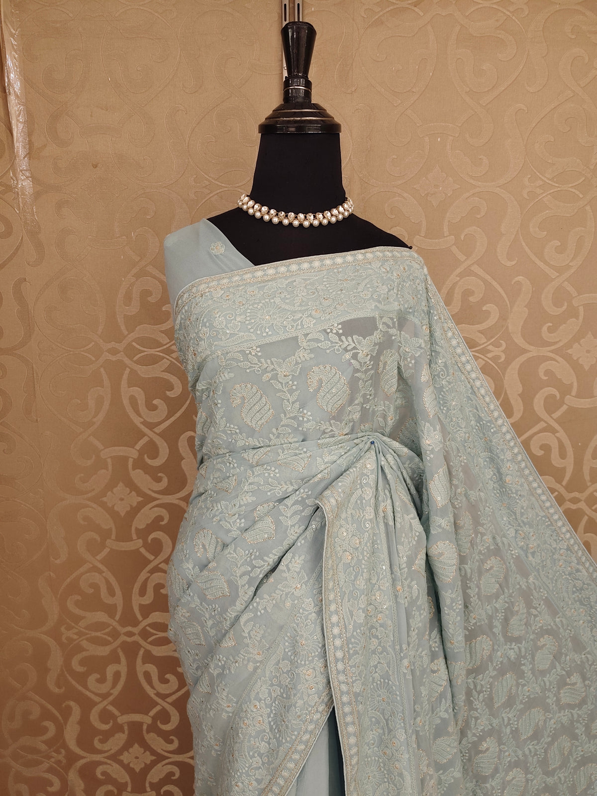 Sky Georgette Chikankari Embroidery Saree, With Unstitched Blouse