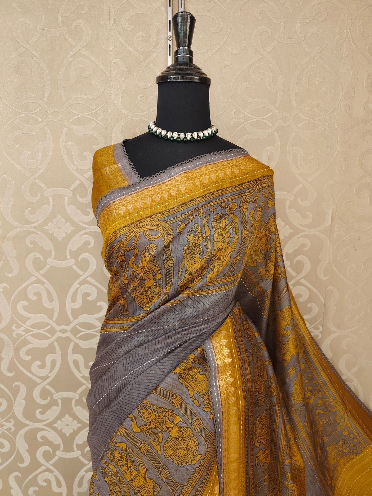 Deep Grey Munga Silk Printed Saree With Kantha Work, With Unstich Blouse