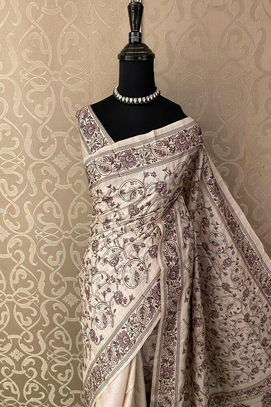 Beige Tussar Resham Embroidery Saree, With Unstiched Blouse