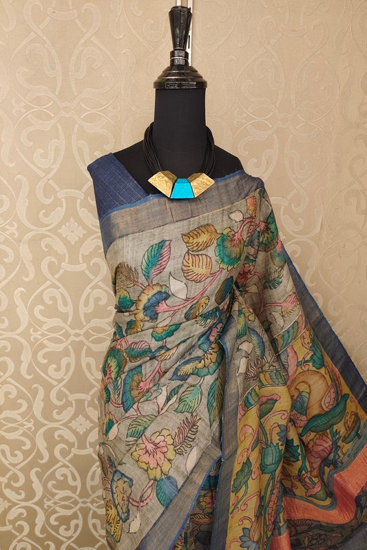 Light Grey Tussar Kalamkari Printed Work Saree, With Unstiched Blouse
