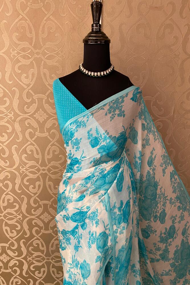Off-White Sky Floral Printed Chiffon Saree, With Unstiched Blouse Piece