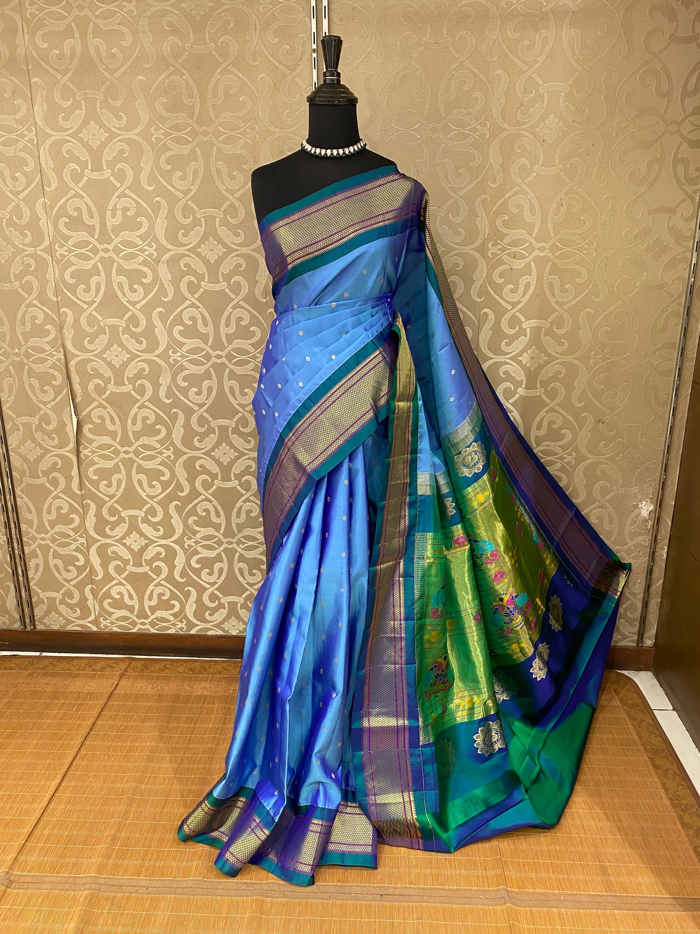 Blue & Green Paithani Silk Saree, Multi Colour Weaving, With Unstiched Blouse