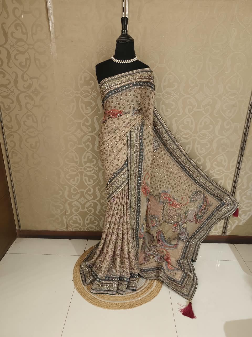 Off-White Crepe Printed Stone Work Saree, With Readymade Blouse