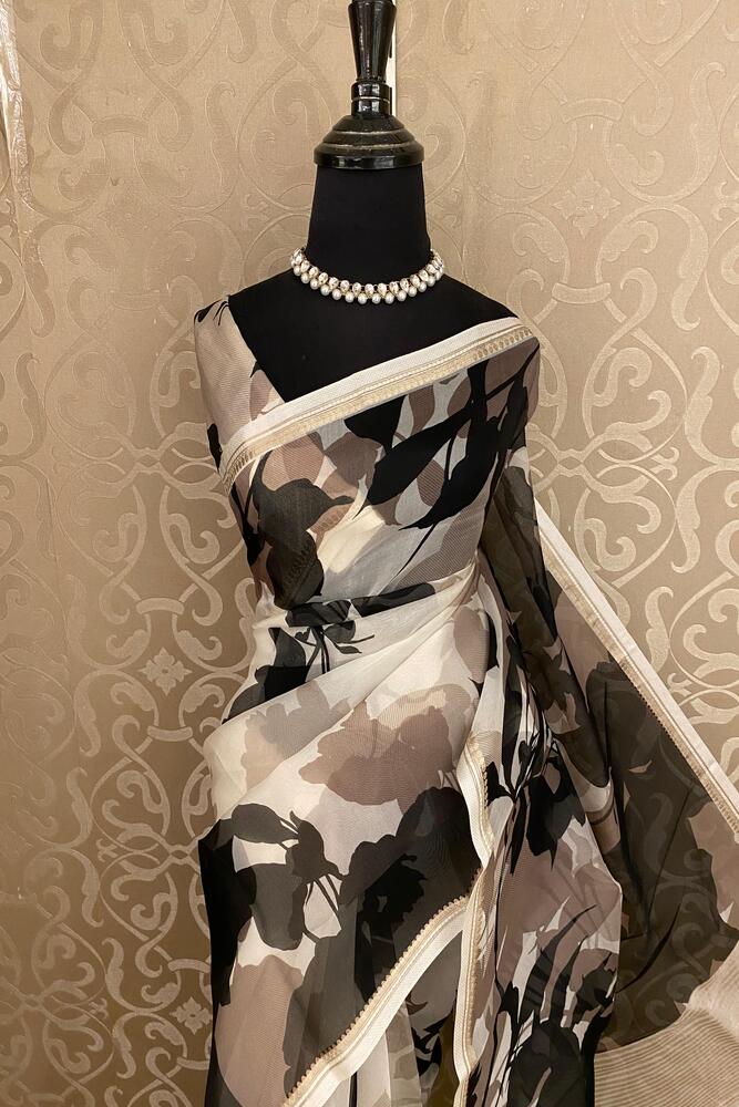 Off-White & Black Floral Printed Organza Saree, With Unstiched Blouse