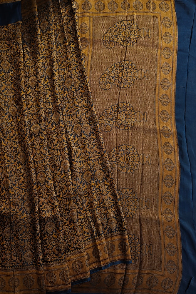 Navy Blue Semi Brocade Silk Saree, With Unstiched Blouse