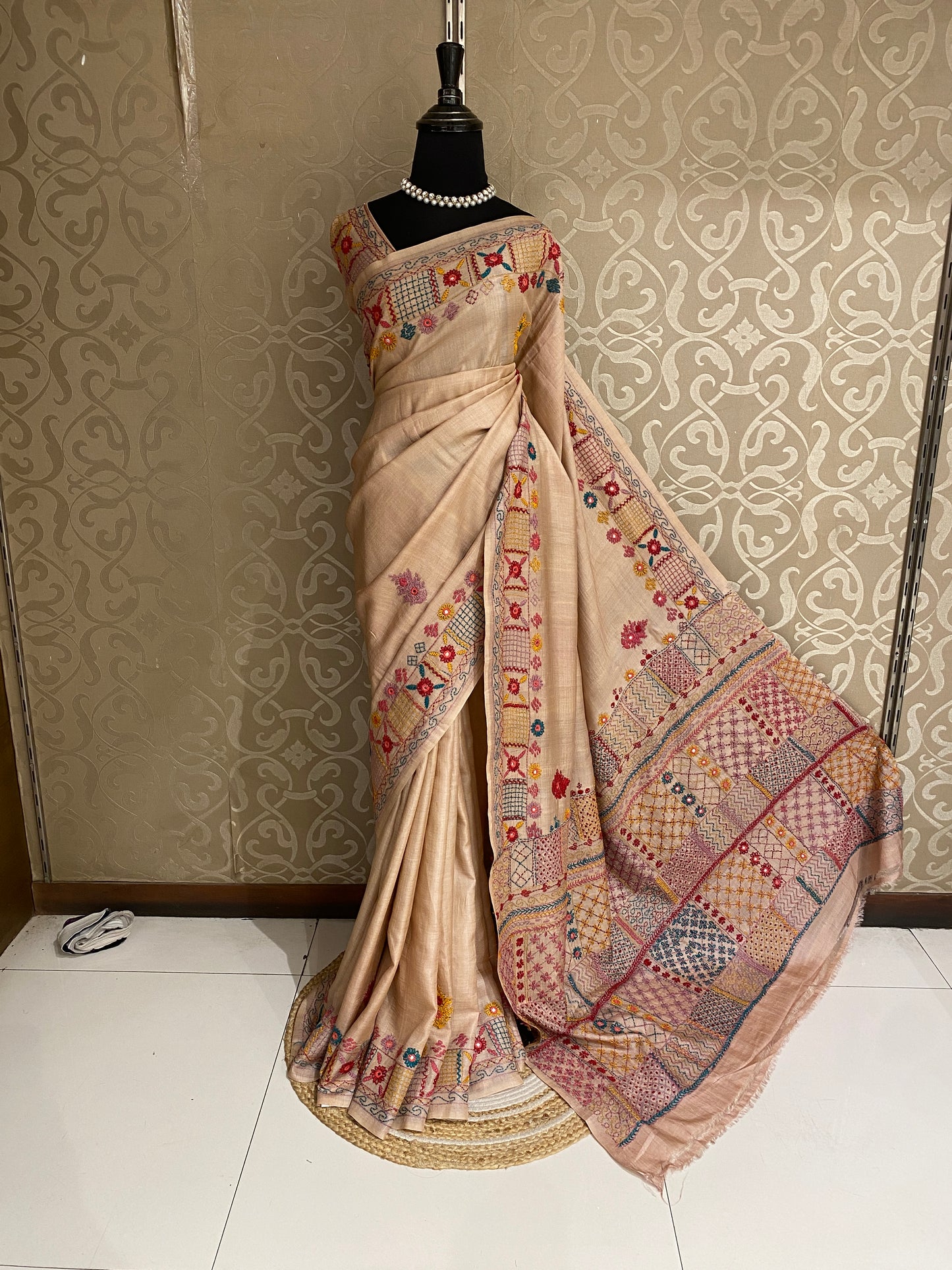 Off-White Tussar Embroidery Saree With Lambani Work Border, With Unstitched Blouse
