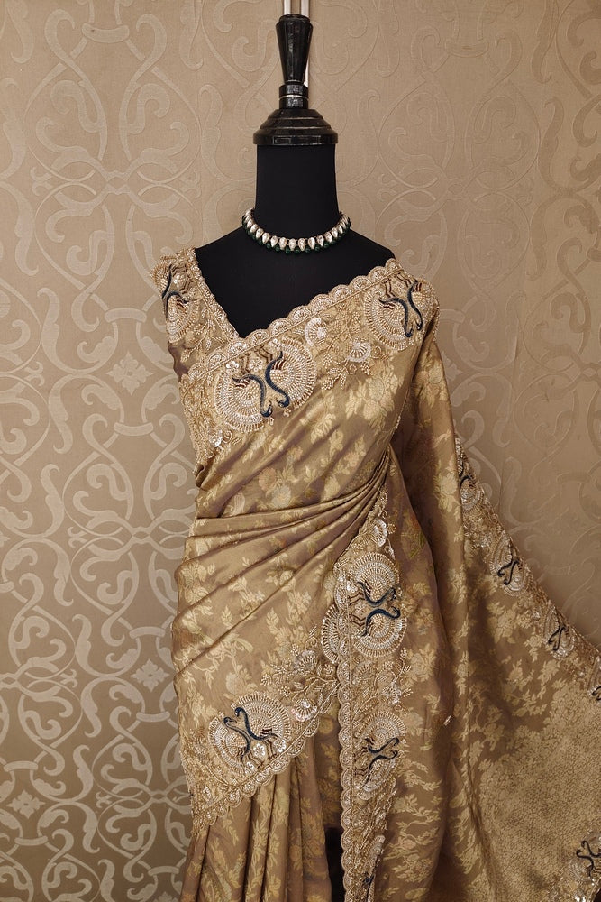 Deep Beige Tissue Kanjeevaram Silk Sarees With Embroidery Work, With Unstiched Blouse