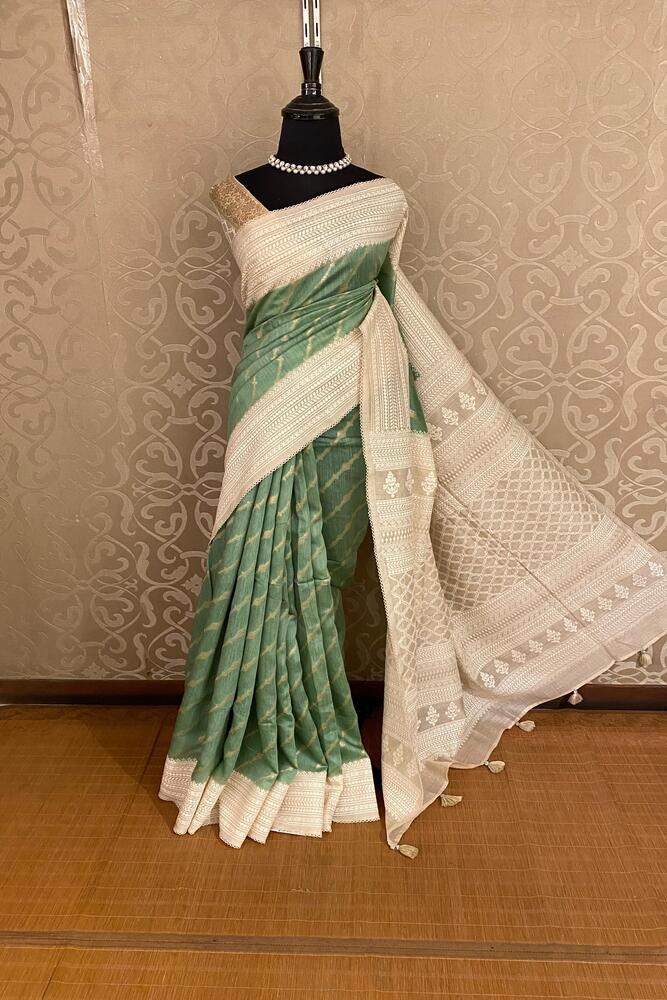 Pista Green Munga Handloom Saree With Chikankari Work, With Unstiched Blouse