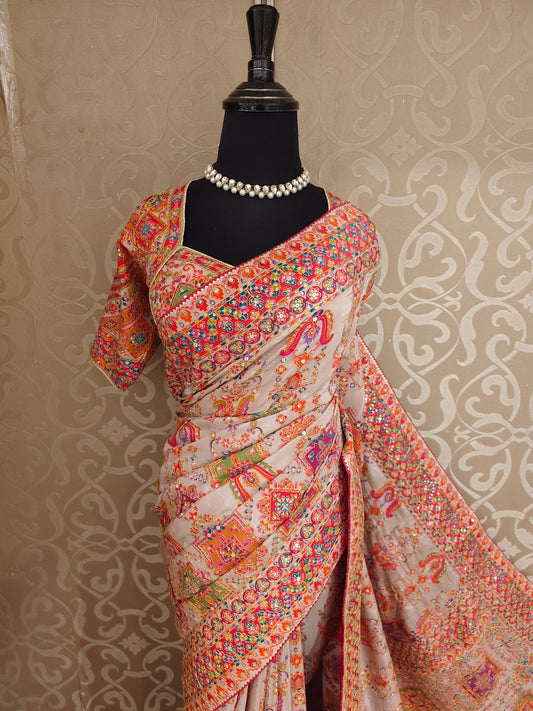 Multi Cocktail Satin Crepe Saree, With Unstiched Blouse