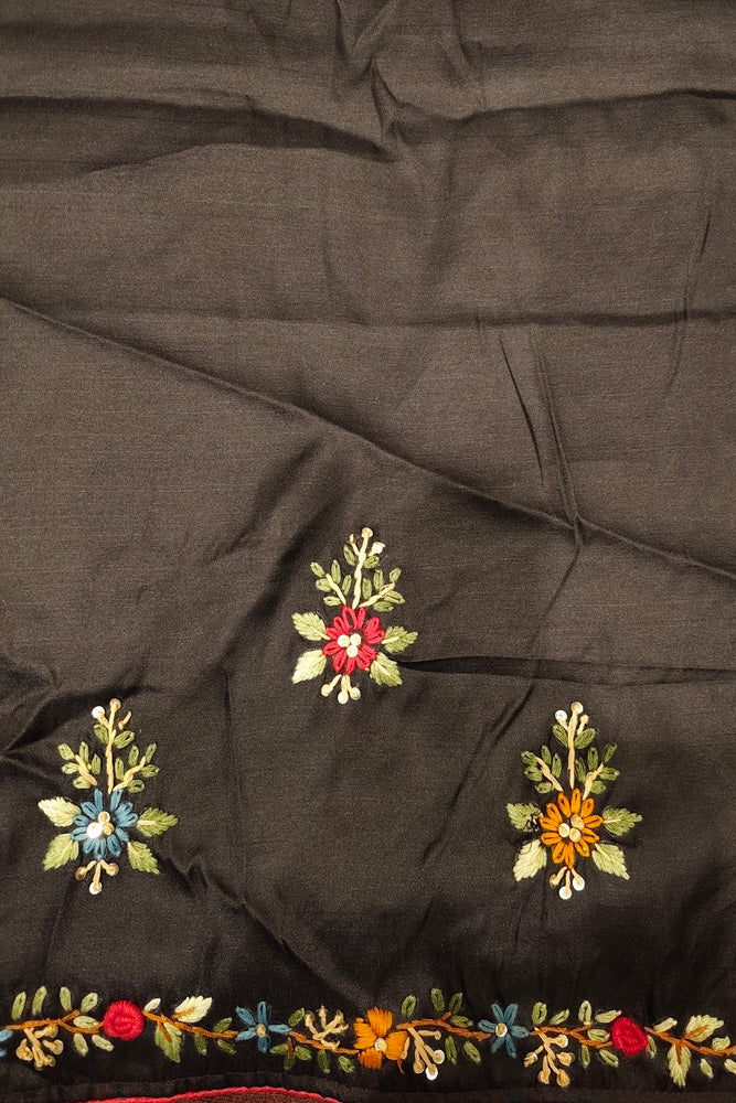 Black Semi Munga Silk French Knot Hand Embroidery Work Saree, With Unstiched Blouse
