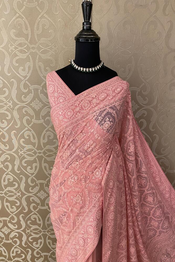 Pink Georgette Chikankari Saree, With Unstiched Blouse