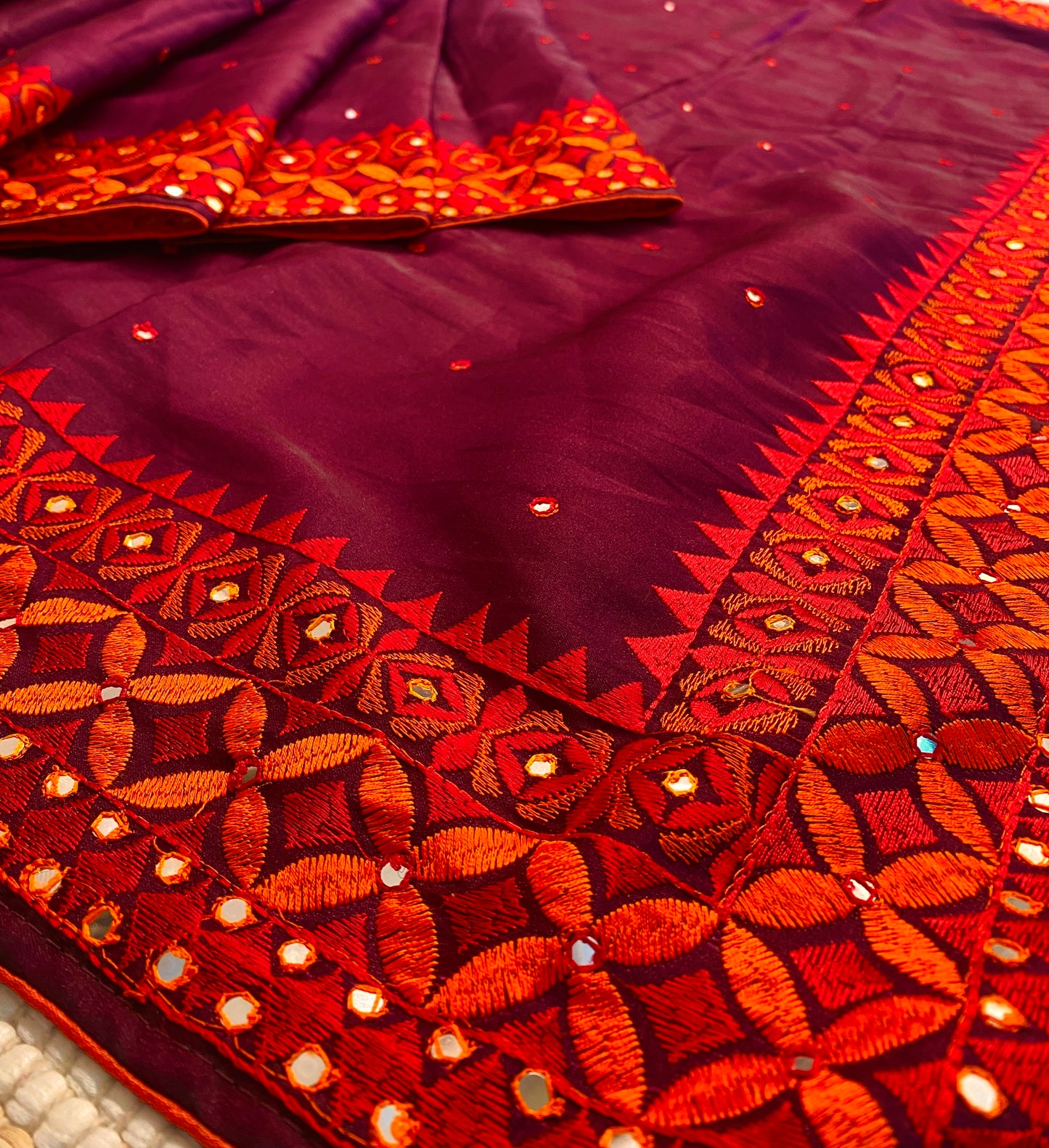 Purple Semi Munga Silk Cross Stitch Embroidery Work Saree, With Unstiched Blouse