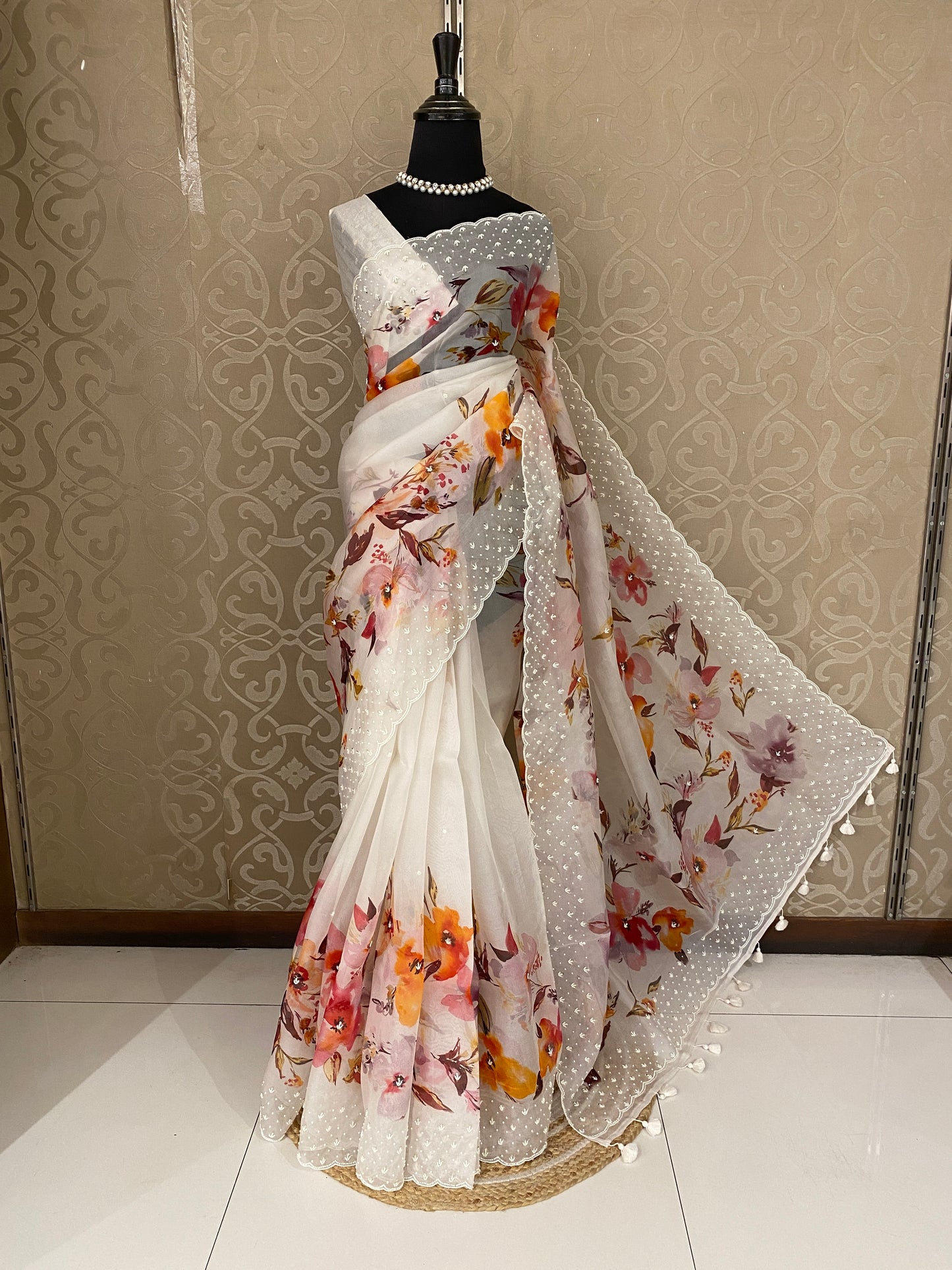 Off-White Organza Saree With Perl Work, With Unstitched Blouse