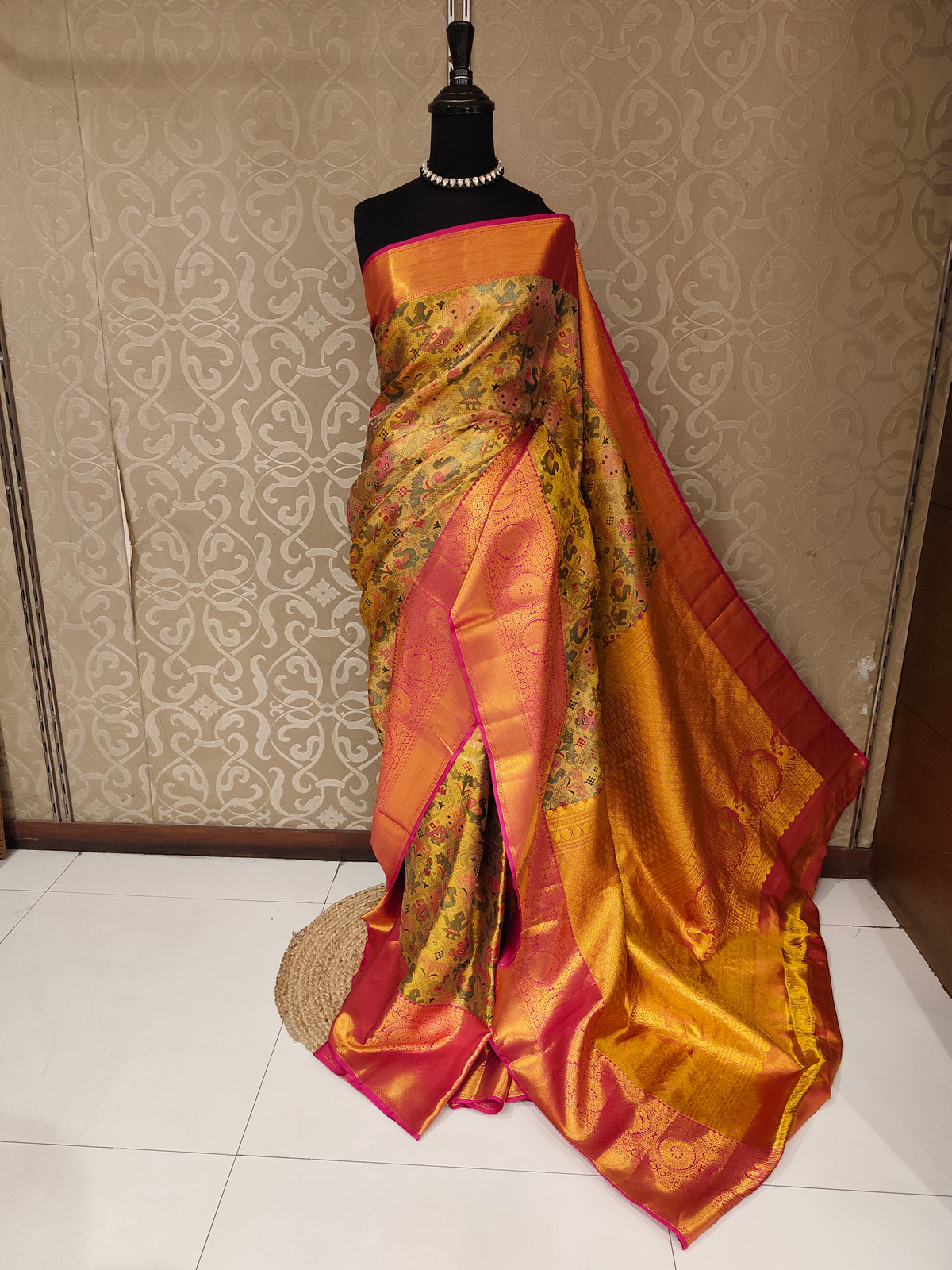 Golden Pure Kanjeevaram Silk Saree, With Unstiched Blouse
