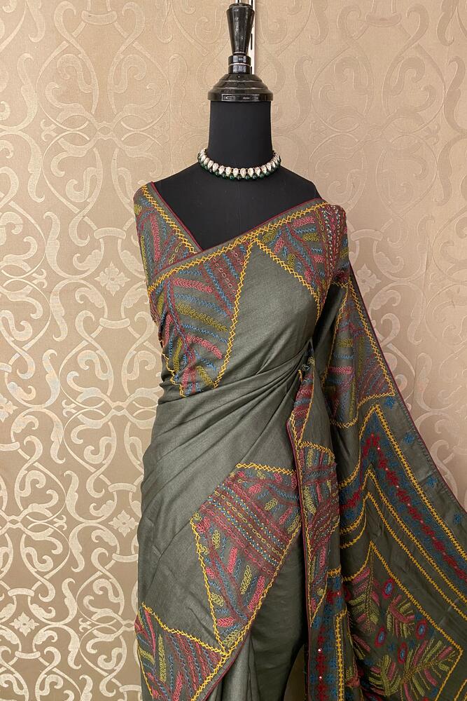 Deep Grey Tussar Embroidery Saree With Lambani Work Border, With Unstitched Blouse