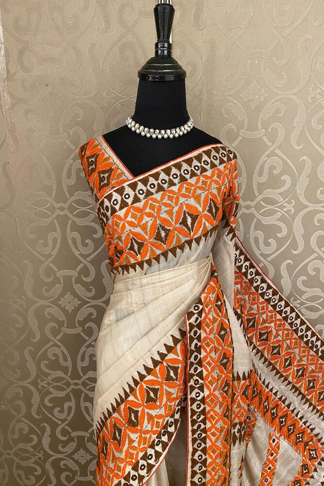 Off-White Tussar Embroidery Saree With Kathiawari Work Border, With Unstitched Blouse