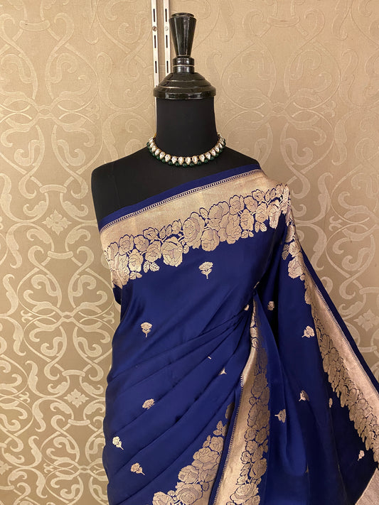 Navy Blue Mashru Silk Banarasi Handloom Saree, With Unstiched Blouse