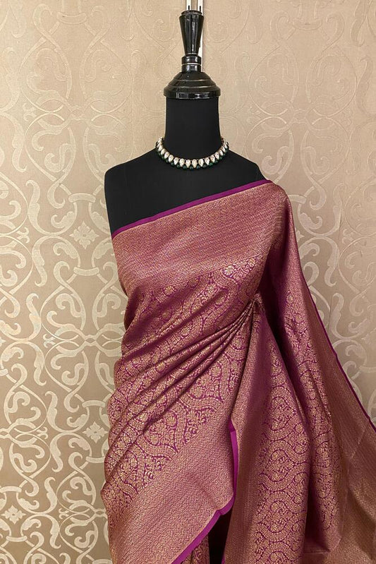 Deep Purple Brocade Kora Banarasi Silk Saree, With Unstiched Blouse
