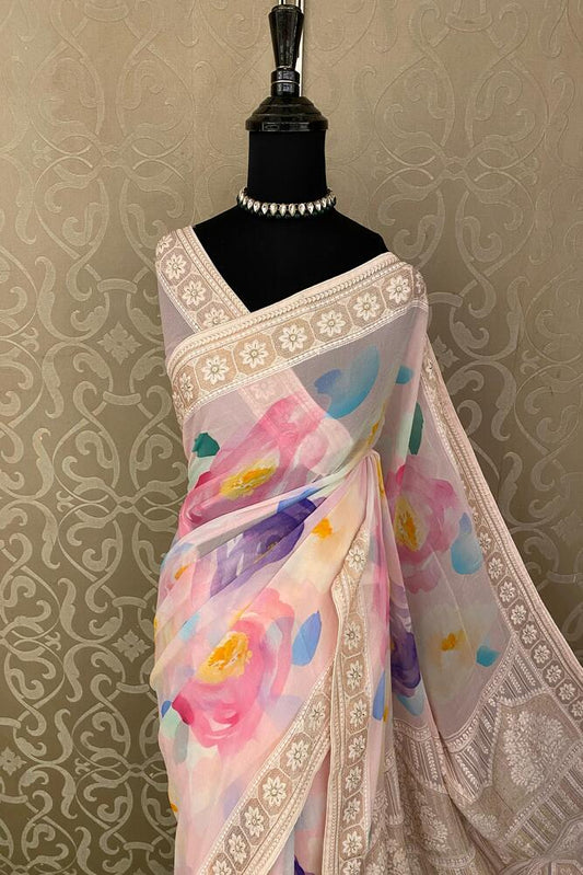 Light Pink Printed Georgette Saree With Resham Embroidery Work, With Unstiched Blouse