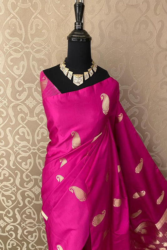 Rani Pink Katan Mashru Silk Banarasi handloom saree with intricate gold zari work and matching unstiched blouse for traditional wear.
