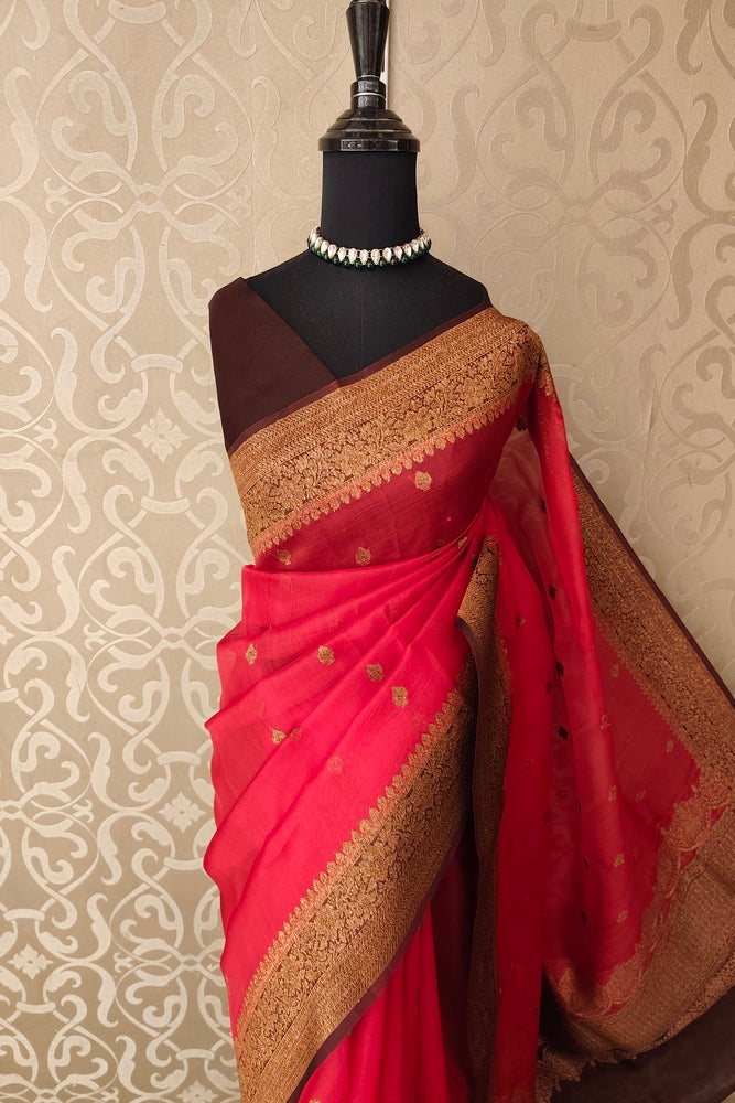Red Kora Banarasi Silk Saree, With Unstiched Blouse