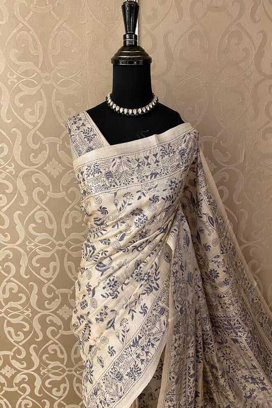 Off-White Tussar Embroidery Saree With Kantha Work Border, With Unstitched Blouse