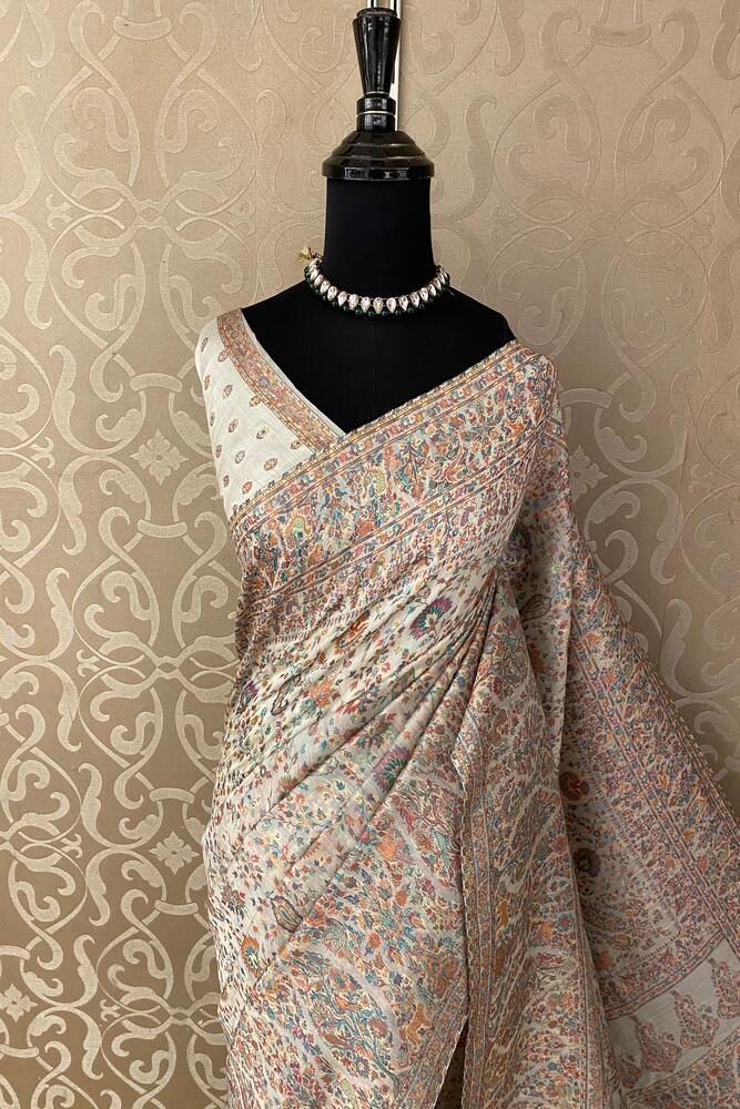 Off-White Pure Kani Handloom Silk Saree With Floral Woven Blouse