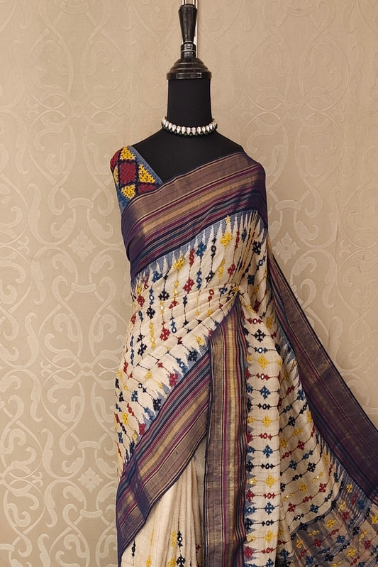 Beige & Multi Vidarbha Tussar Silk With Kutch Work Saree, With Unstitched Blouse