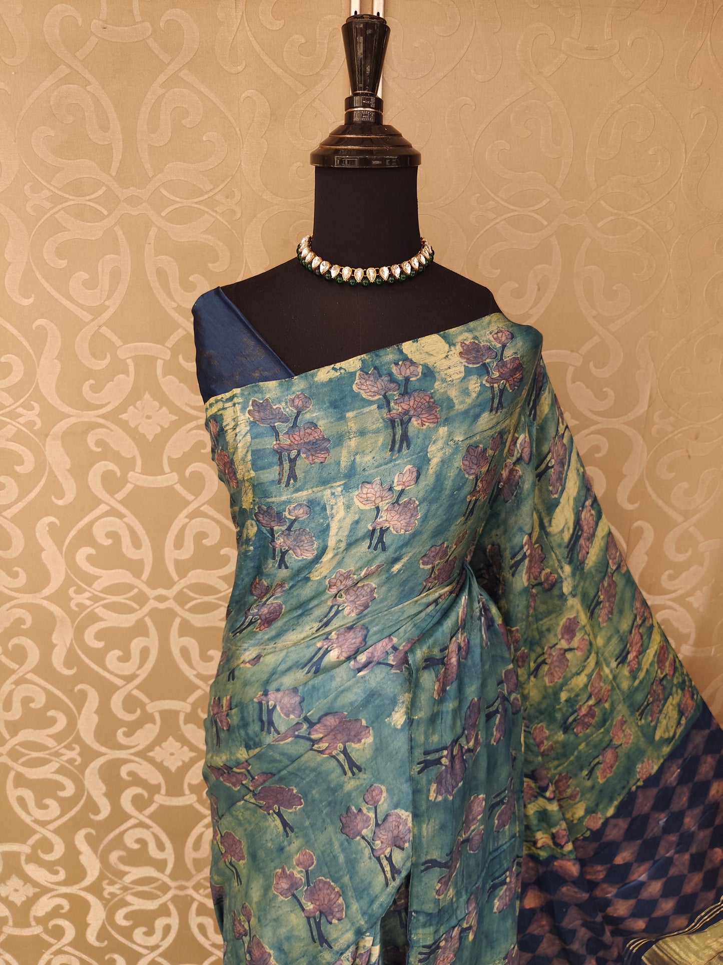 Blue & Yellow Pure Modal Silk Ajrakh Printed Saree With Unstich Blouse