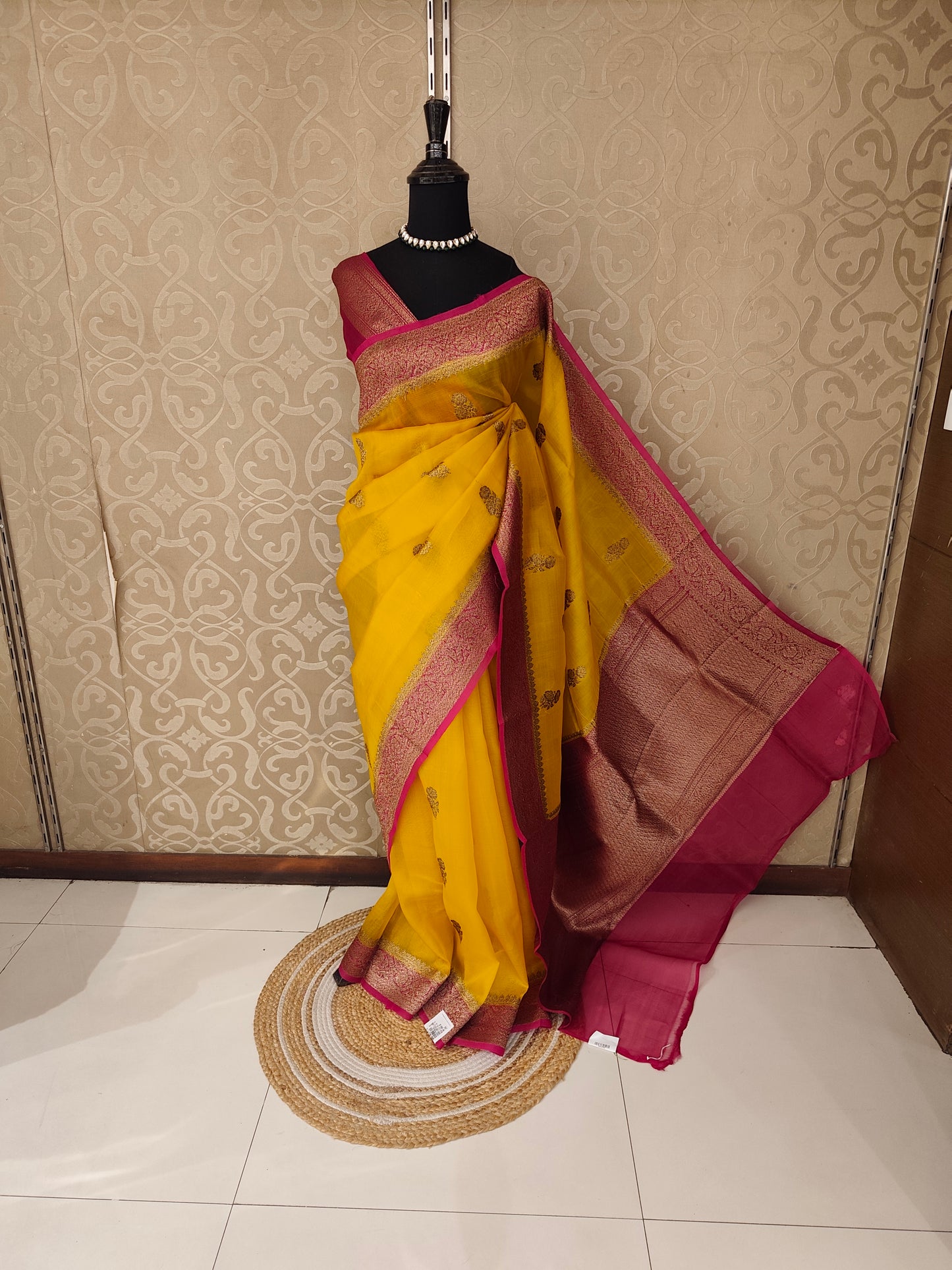 Yellow Kora Banarasi Silk Saree, With Unstiched Blouse