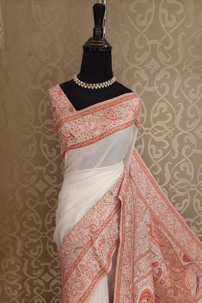 Off-White Pure Kani Handloom Silk Saree With Floral Woven Blouse