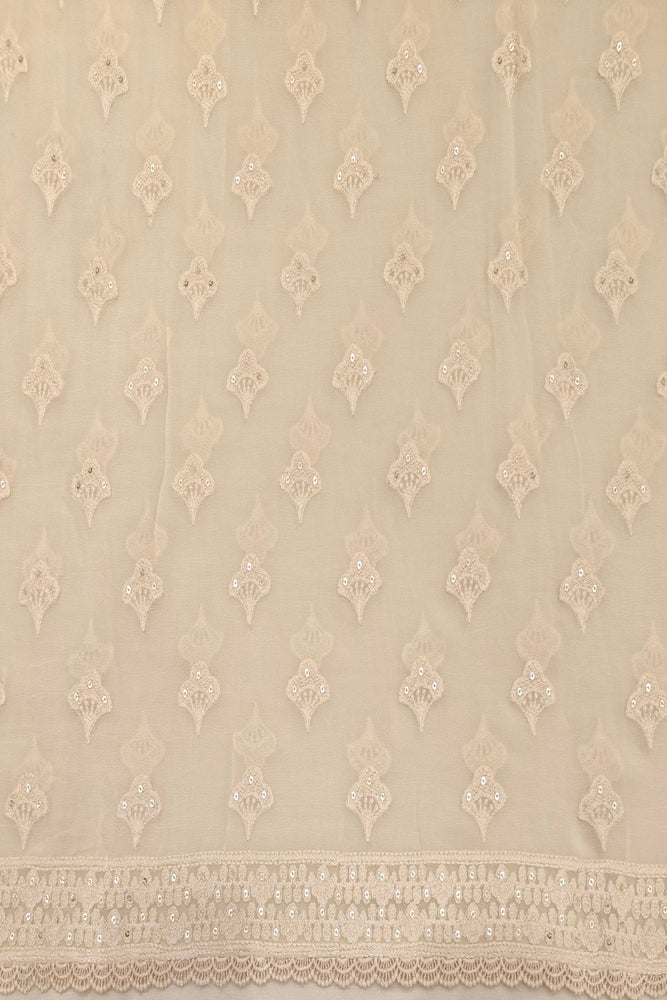Off-White Georgette Saree With Chikankari Embroidery, Unstitched Blouse