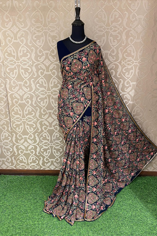 Navy Blue Georgette Saree With Kashmiri Work, With Unstiched Blouse