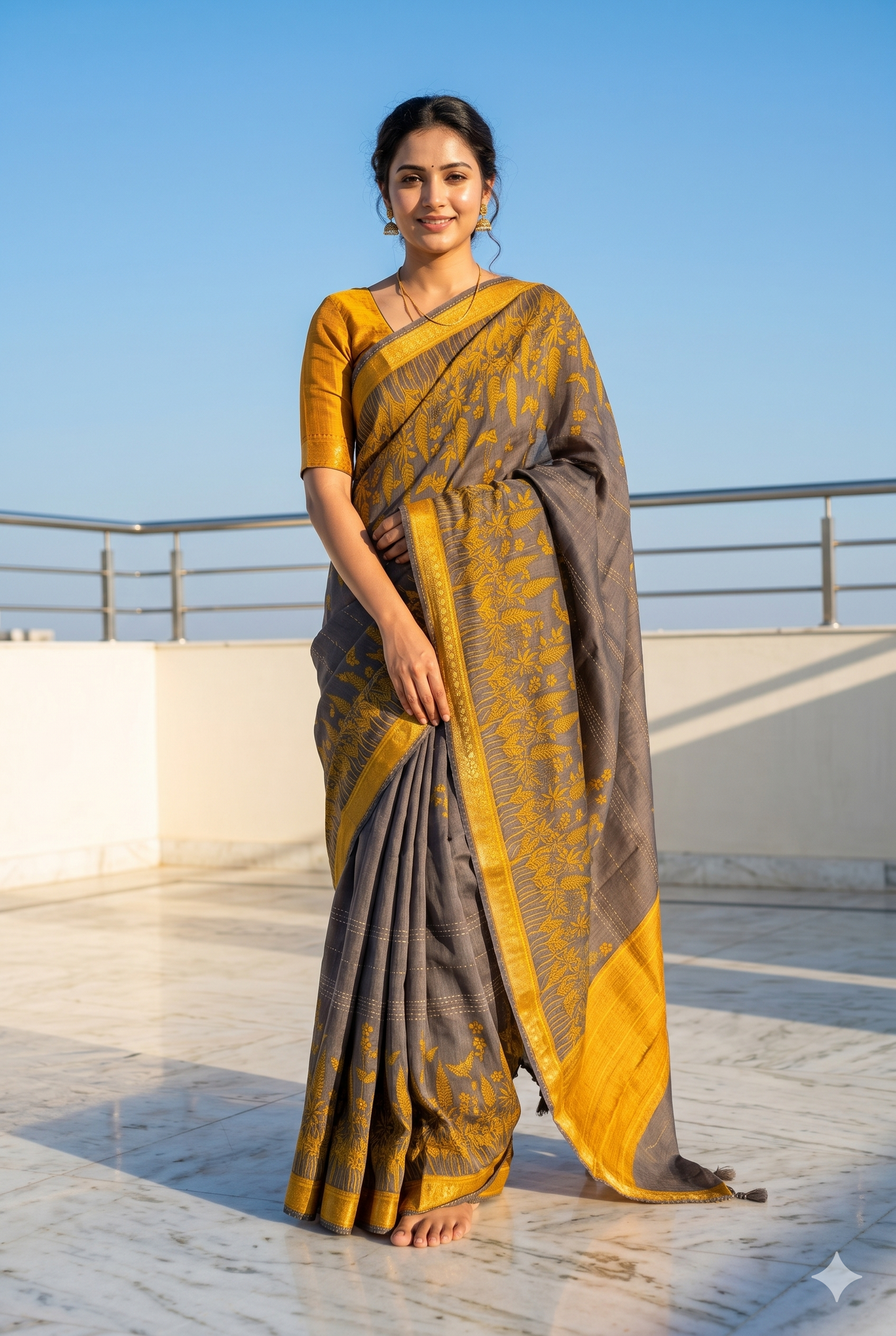Mustard Yellow Printed Munga Silk Saree, With Unstiched Blouse