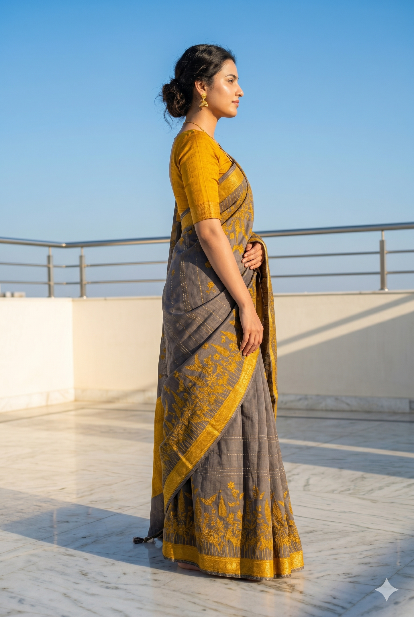 Mustard Yellow Printed Munga Silk Saree, With Unstiched Blouse