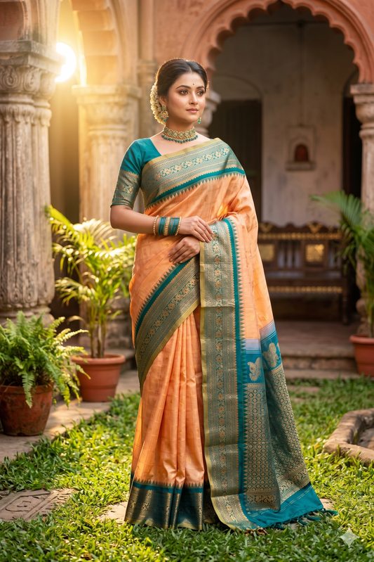 Golden Peach Gadwal Silk Saree from Saarang Sarees with unstiched blouse, showcasing traditional, intricate woven design and rich silk fabric.