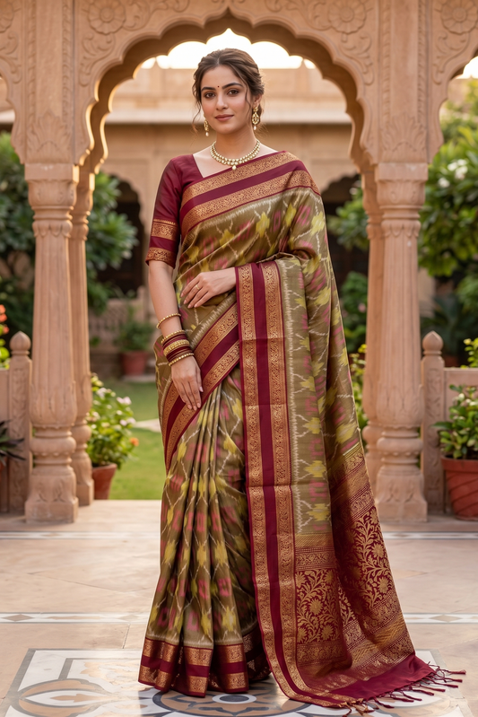 Dark Yellowish-Brown Coimbatore Silk Saree, With Unstiched Blouse