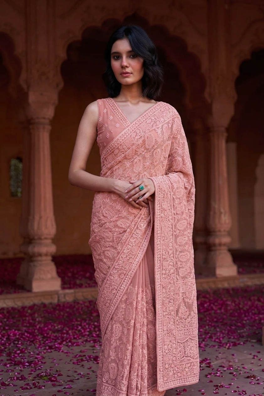 Pink Georgette Chikankari Embroidery Saree, With Unstitched Blouse