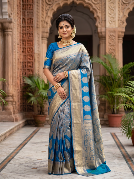 Rama Blue Pure Kanjeevaram Silk Saree, With Unstiched Blouse