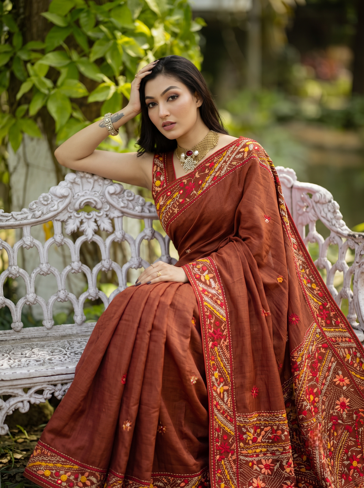 Rust Brown Tussar Embroidery Saree With Lambani Work Border, With Unstitched Blouse