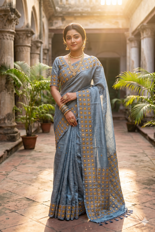 Light blue Tussar Lambani and Kutch work saree with stitched blouse, traditional wear by Saarang Sarees, displayed on a hanger.