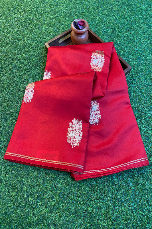 Candy Red Poona Silk Saree Golden Zari Woven Buttas, With Unstich Blouse