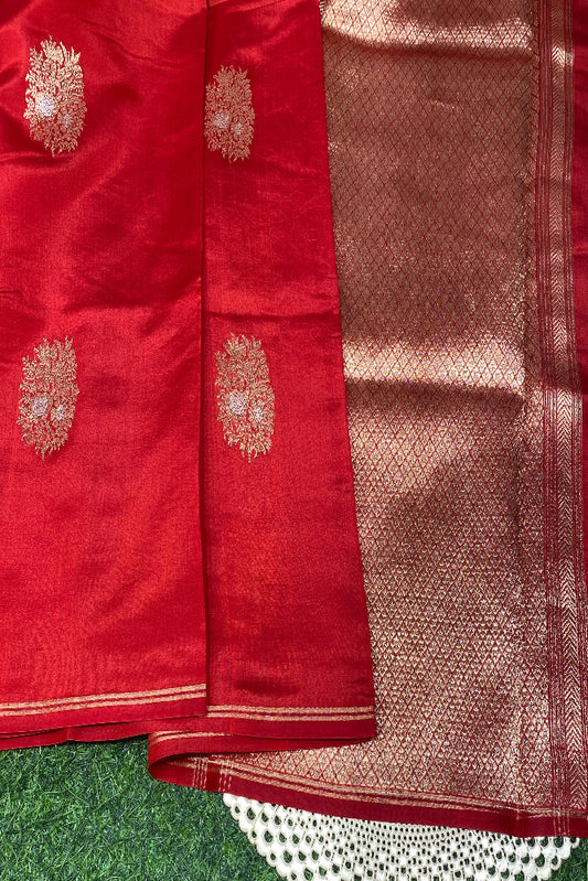 Candy Red Poona Silk Saree Golden Zari Woven Buttas, With Unstich Blouse