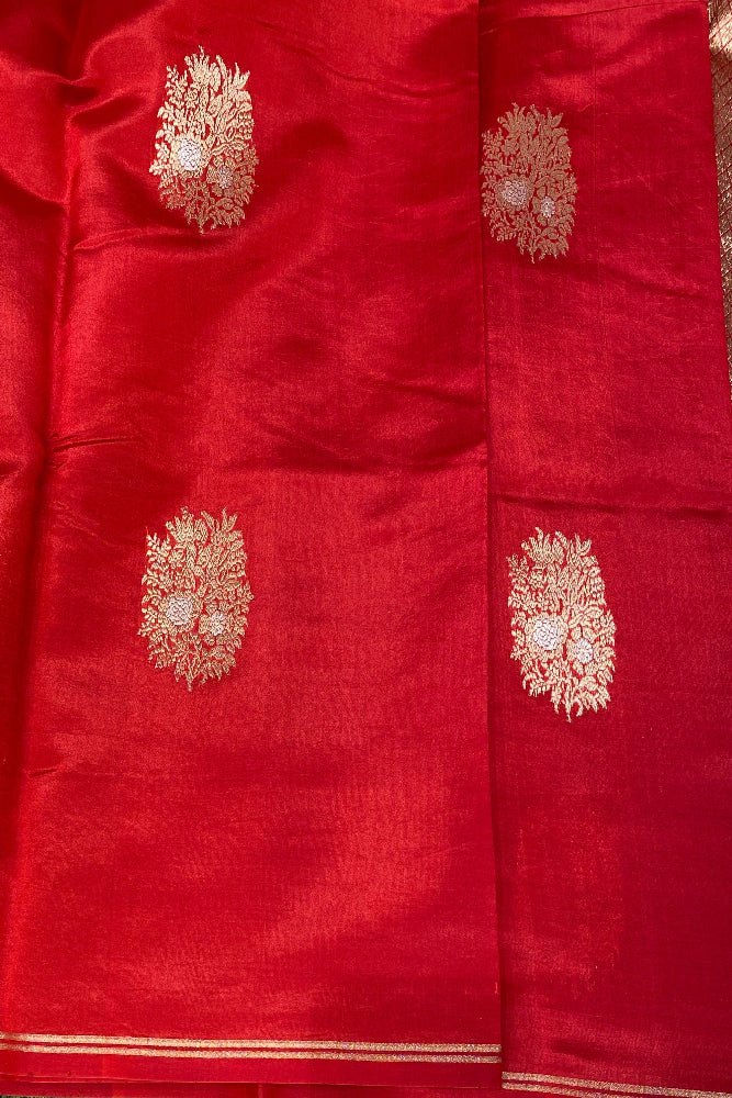 Candy Red Poona Silk Saree Golden Zari Woven Buttas, With Unstich Blouse