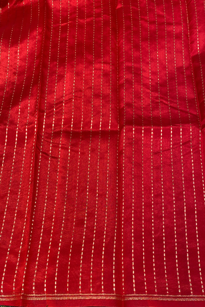 Candy Red Poona Silk Saree Golden Zari Woven Buttas, With Unstich Blouse