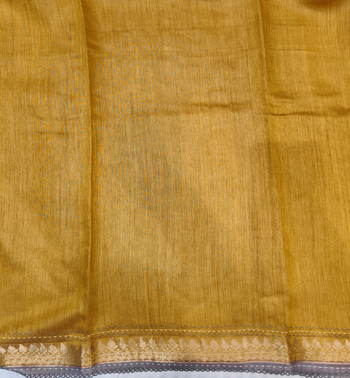 Deep Grey Munga Silk Printed Saree With Kantha Work, With Unstich Blouse